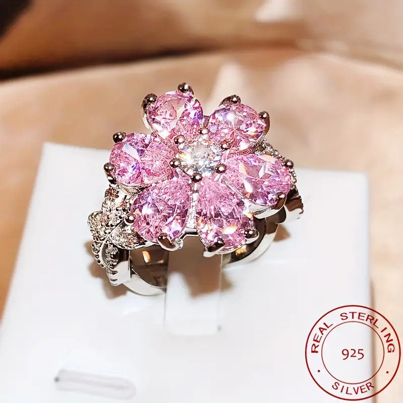 925 silver women's ring elegant shining pink flower zircon inlaid luxury jewelry