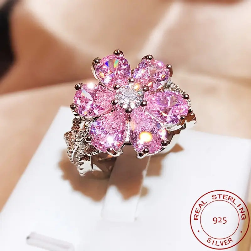 925 silver women's ring elegant shining pink flower zircon inlaid luxury jewelry
