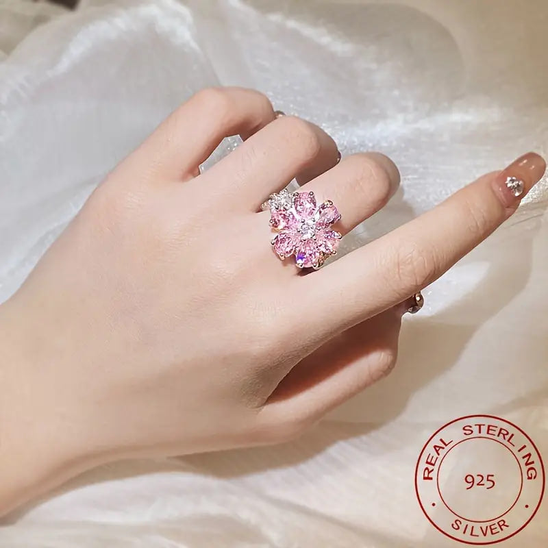 925 silver women's ring elegant shining pink flower zircon inlaid luxury jewelry