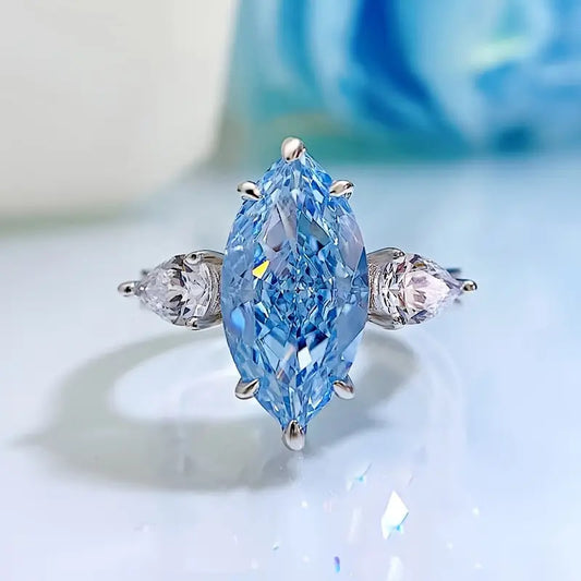 4 ct S925 Sterling Silver Blue 5A Marquise Shaped Zirconia Ring