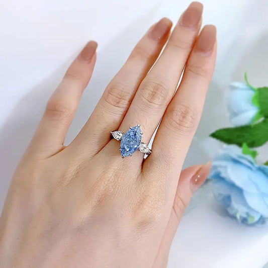 4 ct S925 Sterling Silver Blue 5A Marquise Shaped Zirconia Ring