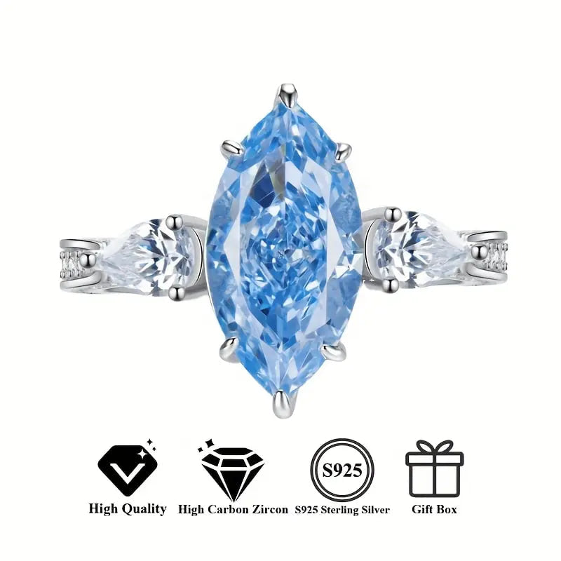 4 ct S925 Sterling Silver Blue 5A Marquise Shaped Zirconia Ring