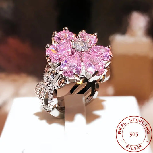 925 silver women's ring elegant shining pink flower zircon inlaid luxury jewelry