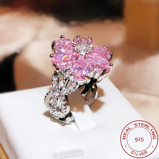 925 silver women's ring elegant shining pink flower zircon inlaid luxury jewelry