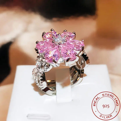 925 silver women's ring elegant shining pink flower zircon inlaid luxury jewelry