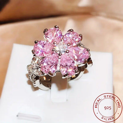 925 silver women's ring elegant shining pink flower zircon inlaid luxury jewelry